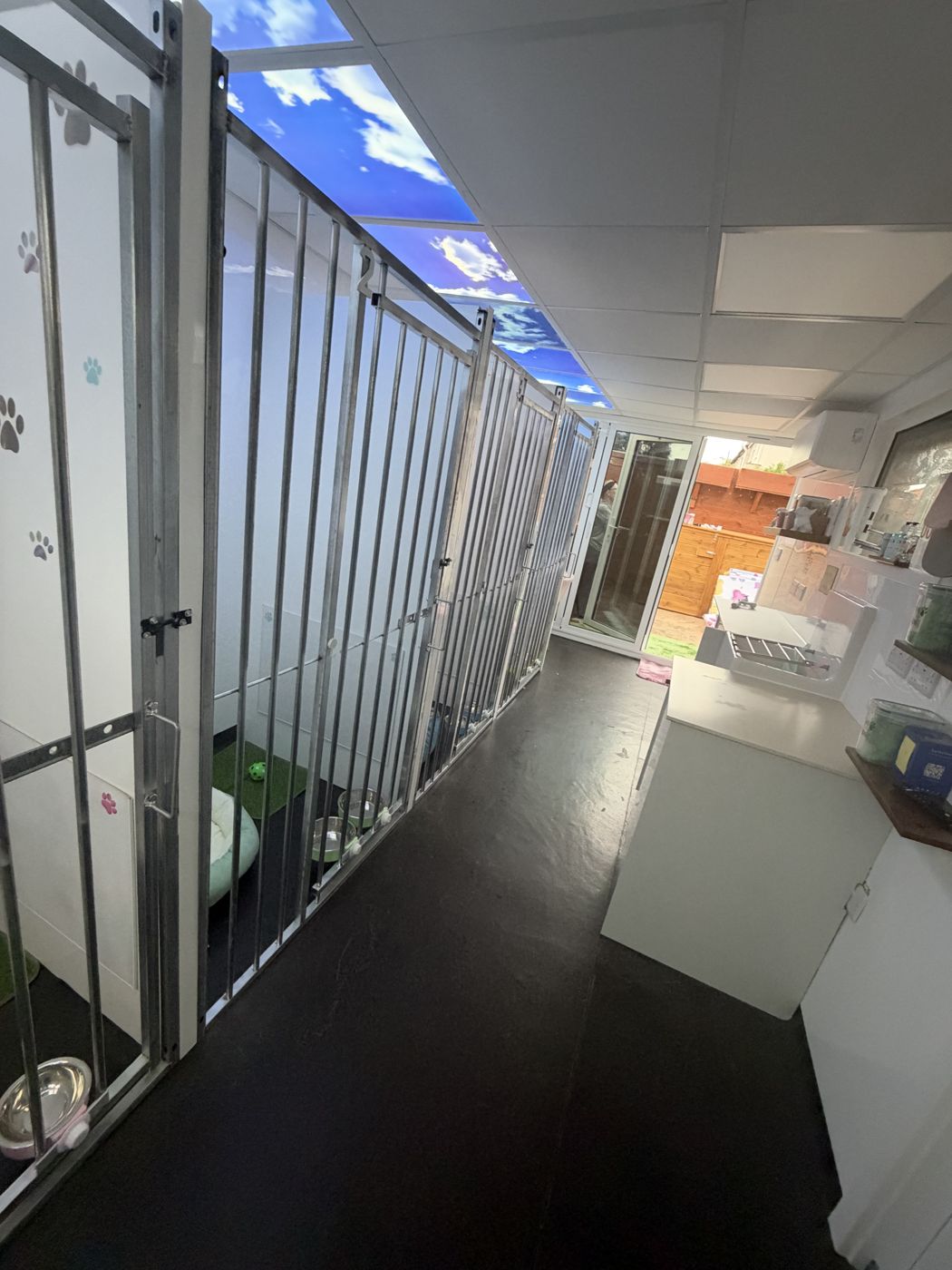 The row of kennels leading to the glass doors and garden