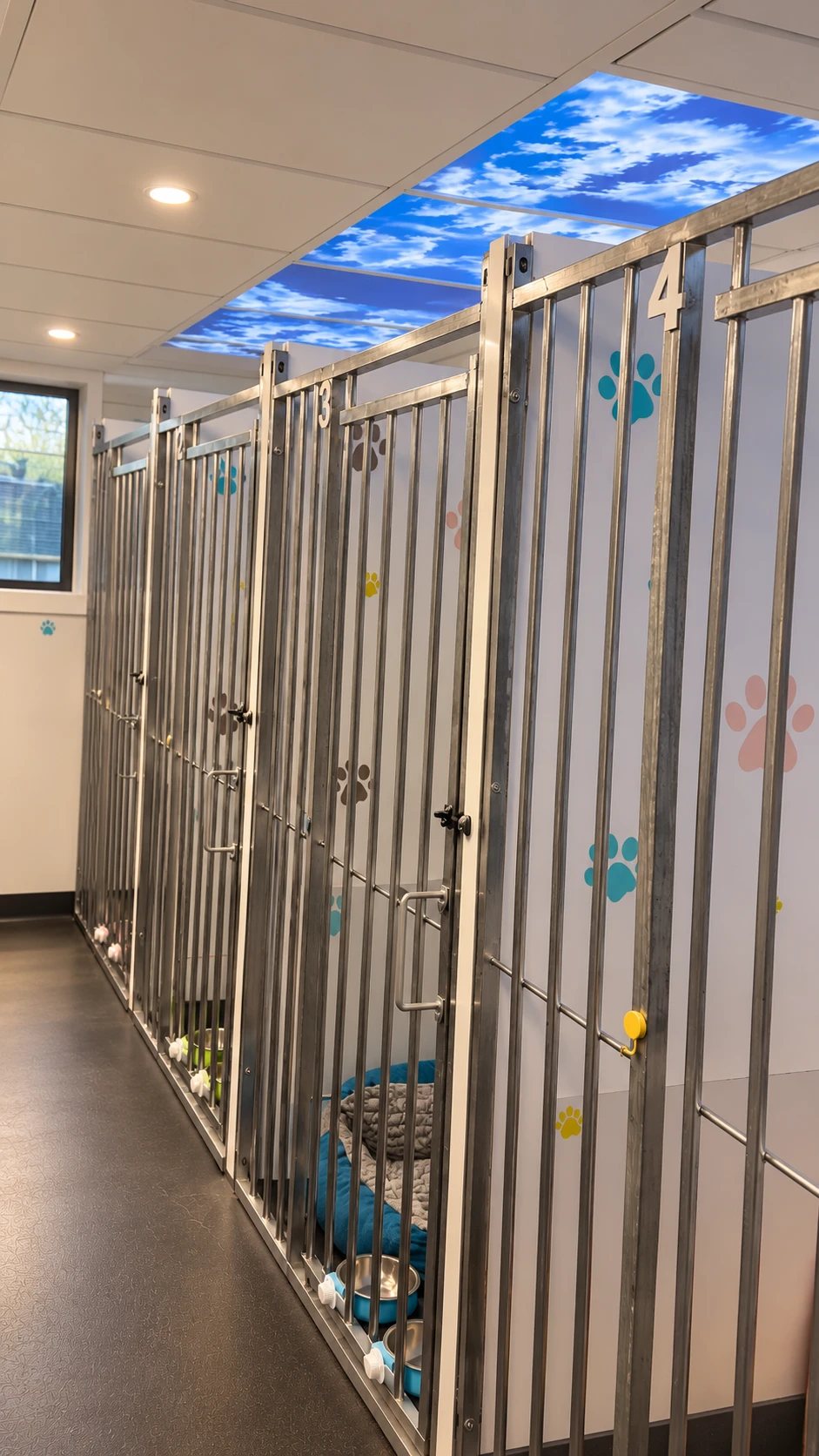 The four numbered kennels at Royal Retreat, with paw-print walls and a blue sky ceiling